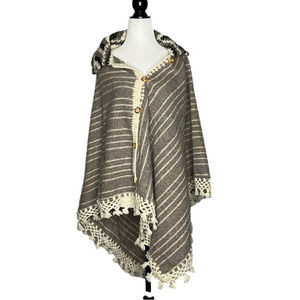 Unique Wool Button Up Cape with  Fringe